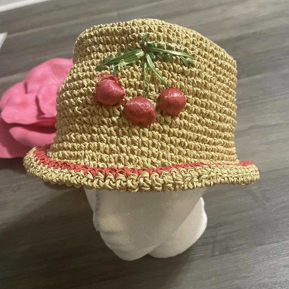 APRIL CORNELL 100% Straw Hat Stitched Cherries Collapsible Packable‎ Woven
